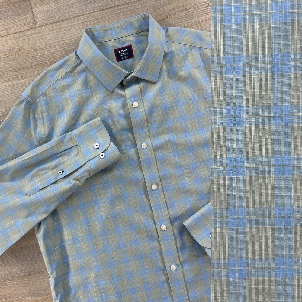 UNTUCKit Shirt XL Plaid Wrinkle Free Slim Fit Green Blue Plaid‎ Button Up Casual